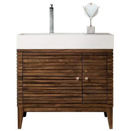 JAMES MARTIN VANITIES Linear 36in Single Vanity, Mid-Century Walnut w/ Glossy White Composite Stone Top 210-V36-WLT-GW